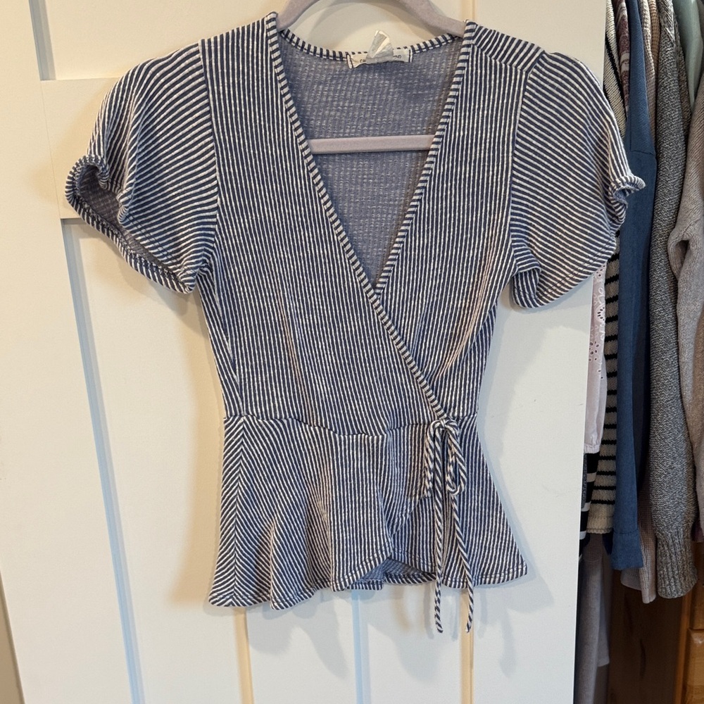 Caution To The Wind Navy and White Striped Wrap Blouse